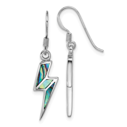 QE18213 Sterling Silver Rhodium-plated Polished Abalone Lightning Bolt Dangle Shepherd Hook Earrings