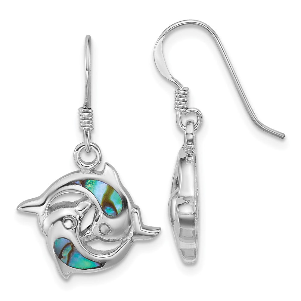 QE18217 Sterling Silver Rhodium-plated Polished Abalone Dolphins Dangle Shepherd Hook Earrings