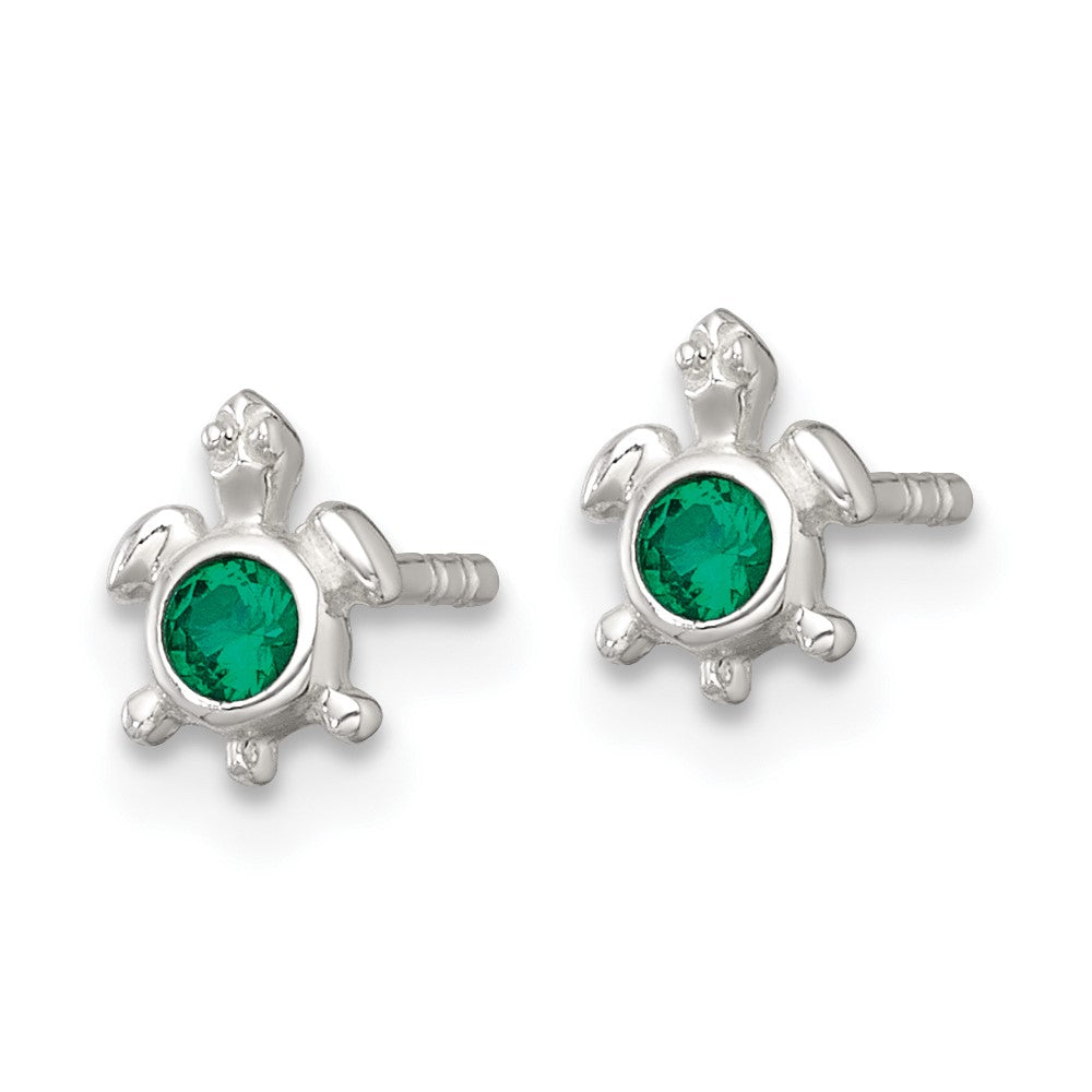 QE18218 Sterling Silver Polished Green CZ Turtle Mini Post Earrings
