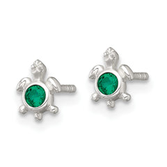 QE18218 Sterling Silver Polished Green CZ Turtle Mini Post Earrings