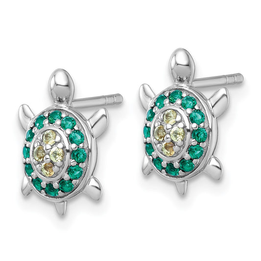 QE18219 Sterling Silver Rhodium-plated Polished Green And Yellow Nano Crystals Turtle Post Earrings