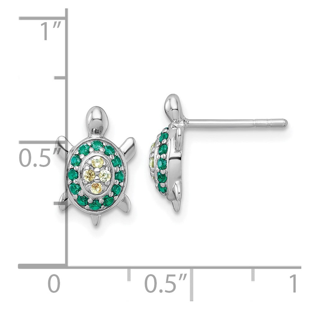 QE18219 Sterling Silver Rhodium-plated Polished Green And Yellow Nano Crystals Turtle Post Earrings