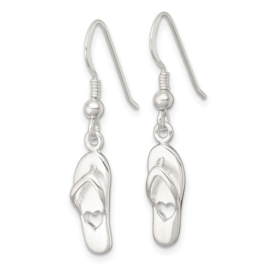 QE18222 Sterling Silver Polished Cut-out Heart Flip-Flop Dangle Earrings