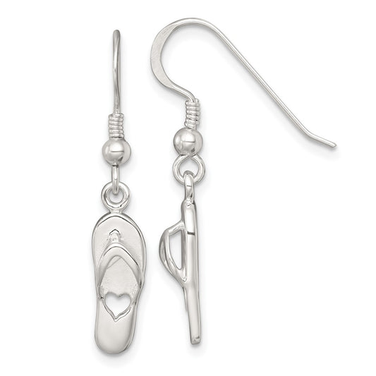 QE18222 Sterling Silver Polished Cut-out Heart Flip-Flop Dangle Earrings