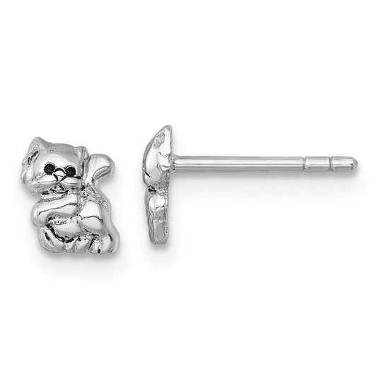 QE18224 Sterling Silver Rhodium-plated Polished Enameled Cat Kitten Post Earrings