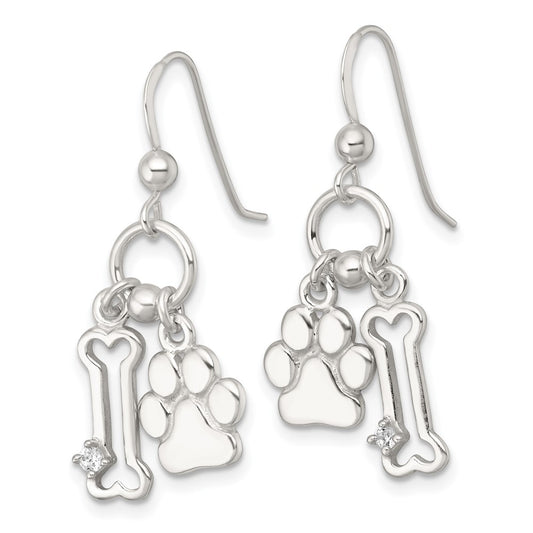 QE18225 Sterling Silver Polished White CZ Bone and Paw Dangle Shepherd Hook Earrings