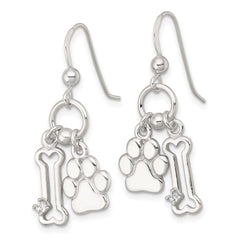 QE18225 Sterling Silver Polished White CZ Bone and Paw Dangle Shepherd Hook Earrings