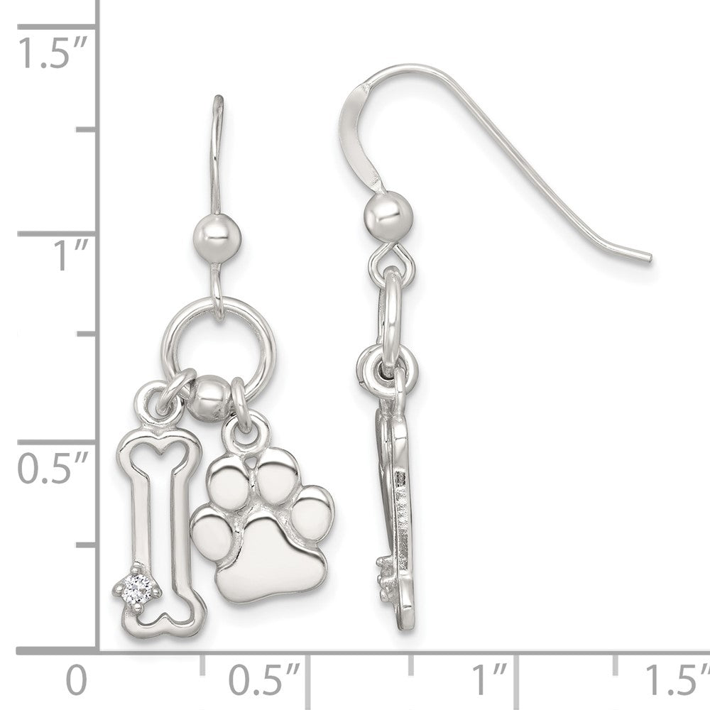 QE18225 Sterling Silver Polished White CZ Bone and Paw Dangle Shepherd Hook Earrings