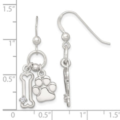 QE18225 Sterling Silver Polished White CZ Bone and Paw Dangle Shepherd Hook Earrings