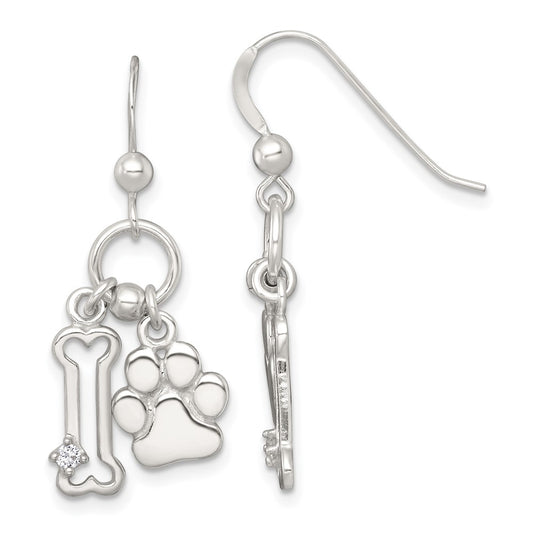 QE18225 Sterling Silver Polished White CZ Bone and Paw Dangle Shepherd Hook Earrings