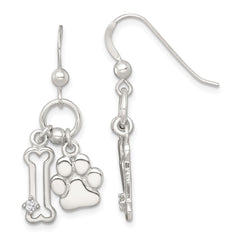 QE18225 Sterling Silver Polished White CZ Bone and Paw Dangle Shepherd Hook Earrings