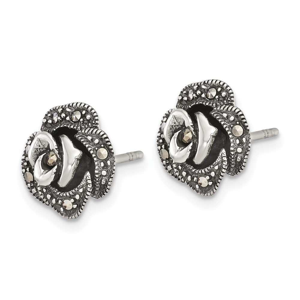 QE18229 Sterling Silver Antiqued Marcasite Fancy Rose Post Earrings
