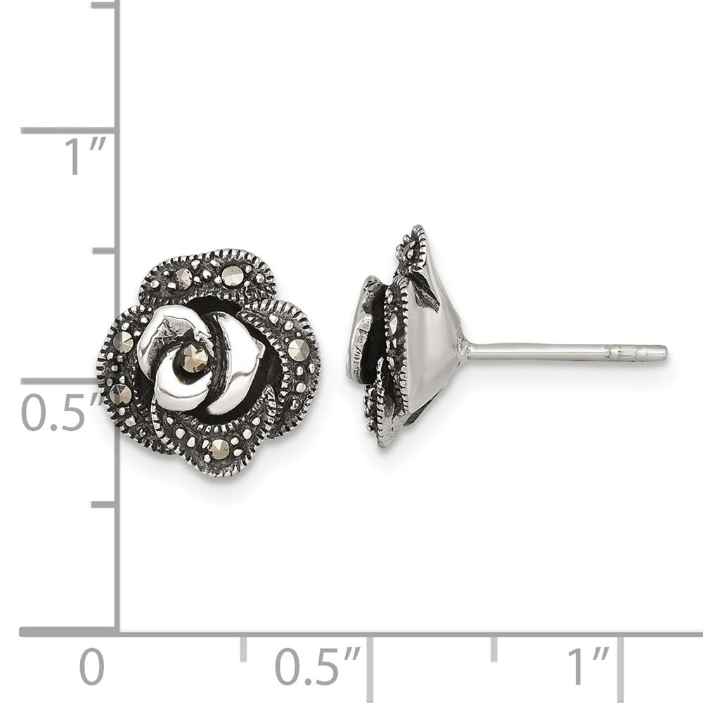 QE18229 Sterling Silver Antiqued Marcasite Fancy Rose Post Earrings