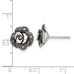 QE18229 Sterling Silver Antiqued Marcasite Fancy Rose Post Earrings