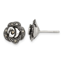 QE18229 Sterling Silver Antiqued Marcasite Fancy Rose Post Earrings