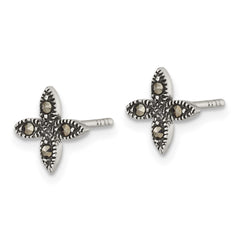 QE18230 Sterling Silver Antiqued Marcasite Fancy Flower Post Earrings