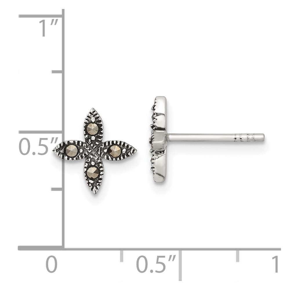 QE18230 Sterling Silver Antiqued Marcasite Fancy Flower Post Earrings