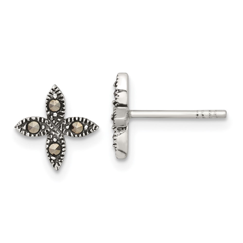 QE18230 Sterling Silver Antiqued Marcasite Fancy Flower Post Earrings