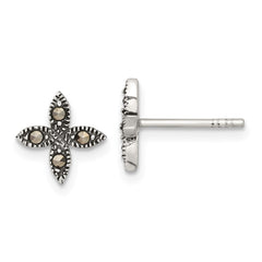 QE18230 Sterling Silver Antiqued Marcasite Fancy Flower Post Earrings