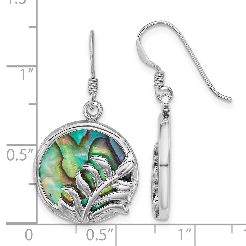 QE18231 Sterling Silver Rhodium-plated Polished Round Abalone with Leaves Dangle Shepherd Hook Earrings