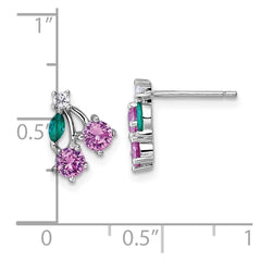 QE18232 Sterling Silver Rhodium-plated CZ and Lab Created Corundum and Green Glass Cherry Post Earrings