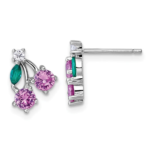 QE18232 Sterling Silver Rhodium-plated CZ and Lab Created Corundum and Green Glass Cherry Post Earrings