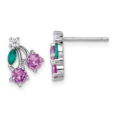 QE18232 Sterling Silver Rhodium-plated CZ and Lab Created Corundum and Green Glass Cherry Post Earrings