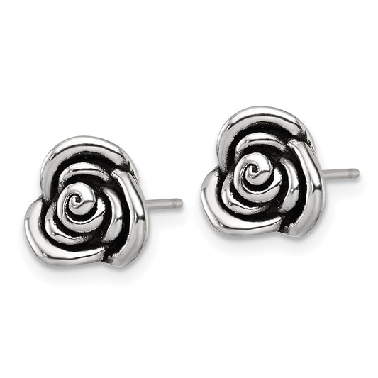 QE18233 Sterling Silver Polished and Antiqued Rose Post Earrings