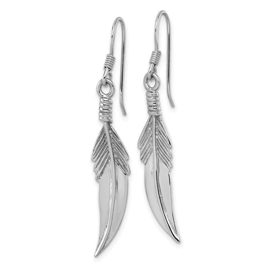 QE18234 Sterling Silver Rhodium-plated Polished and Textured Feather Dangle Shepherd Hook Earrings