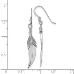 QE18234 Sterling Silver Rhodium-plated Polished and Textured Feather Dangle Shepherd Hook Earrings