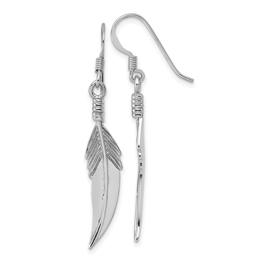 QE18234 Sterling Silver Rhodium-plated Polished and Textured Feather Dangle Shepherd Hook Earrings