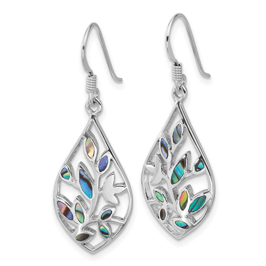 QE18236 Sterling Silver Rhodium-plated Polished Abalone Floral Dangle Shepherd Hook Earrings