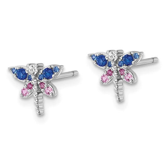 QE18239 Sterling Silver Rhodium-plated CZ and Lab Created Corundum and Blue Glass Dragonfly Post Earrings
