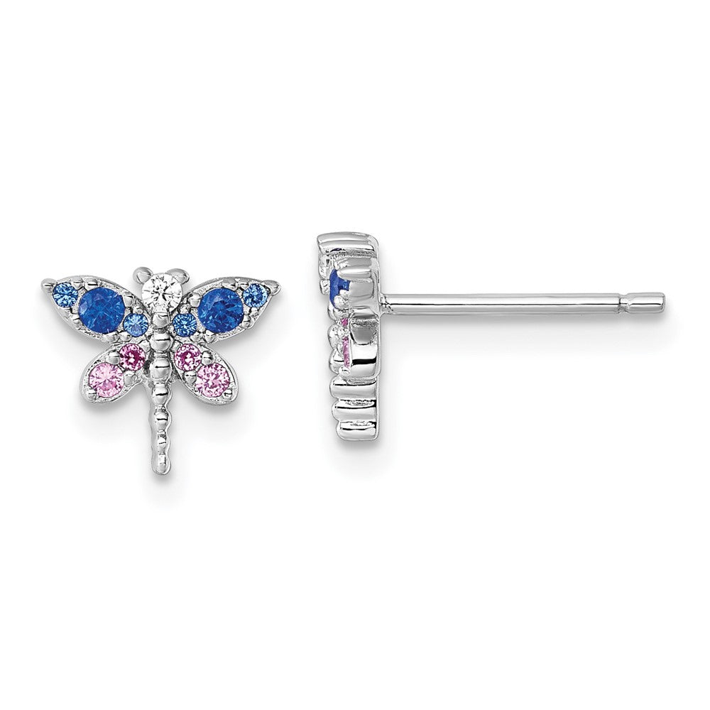 QE18239 Sterling Silver Rhodium-plated CZ and Lab Created Corundum and Blue Glass Dragonfly Post Earrings