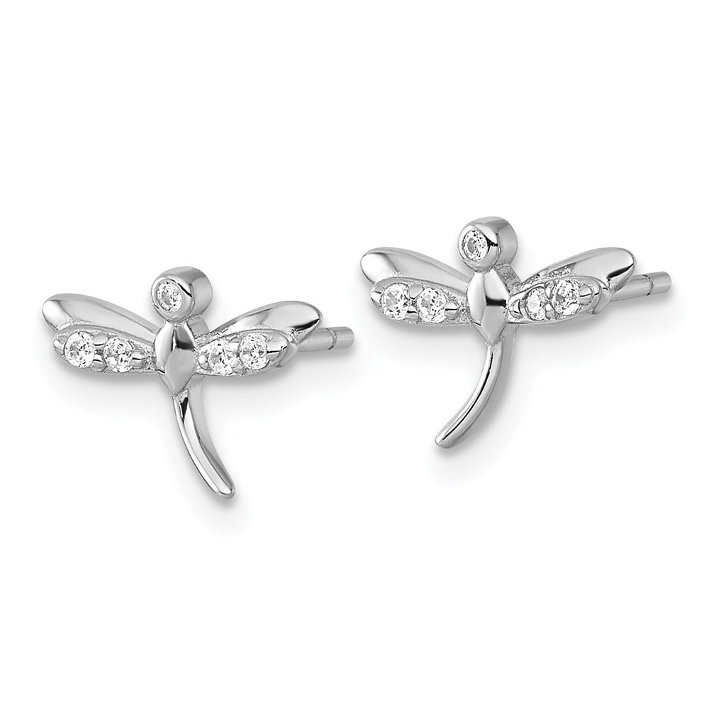 QE18240 Sterling Silver Rhodium-plated Polished CZ Dragonfly Post Earrings
