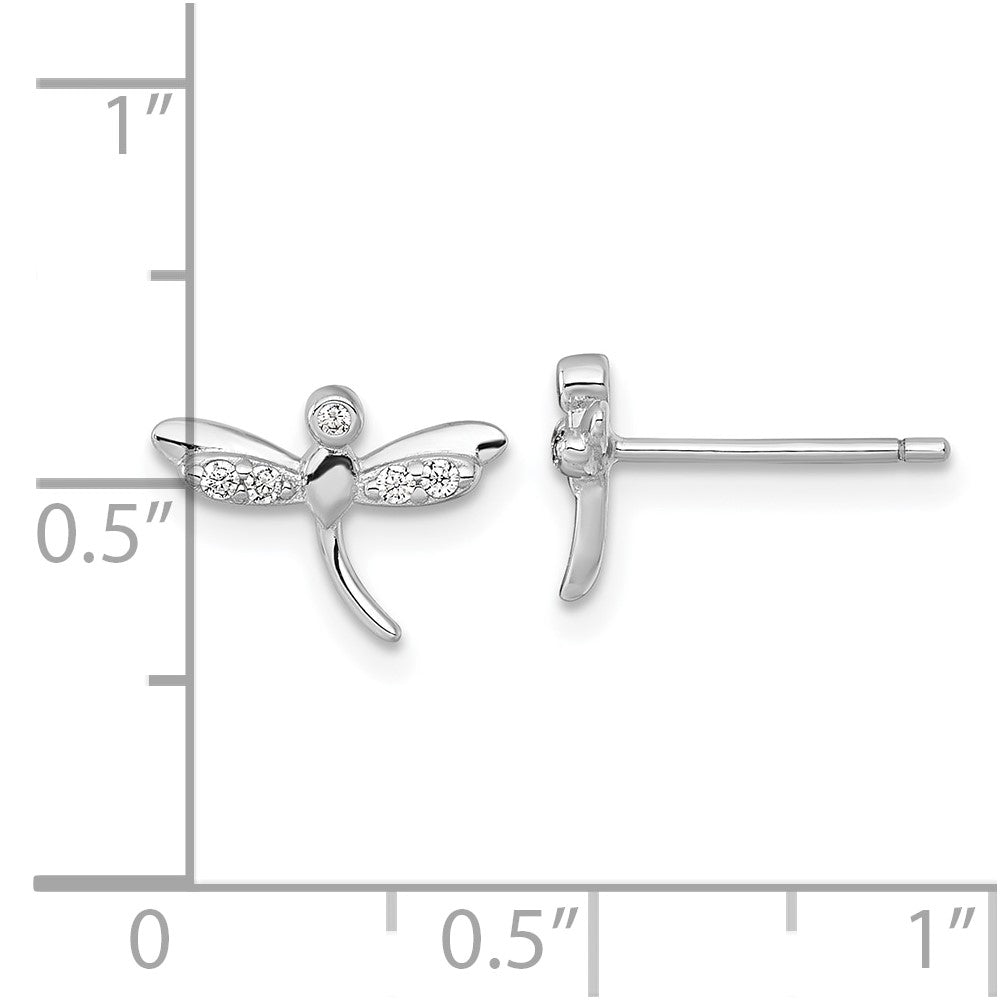 QE18240 Sterling Silver Rhodium-plated Polished CZ Dragonfly Post Earrings