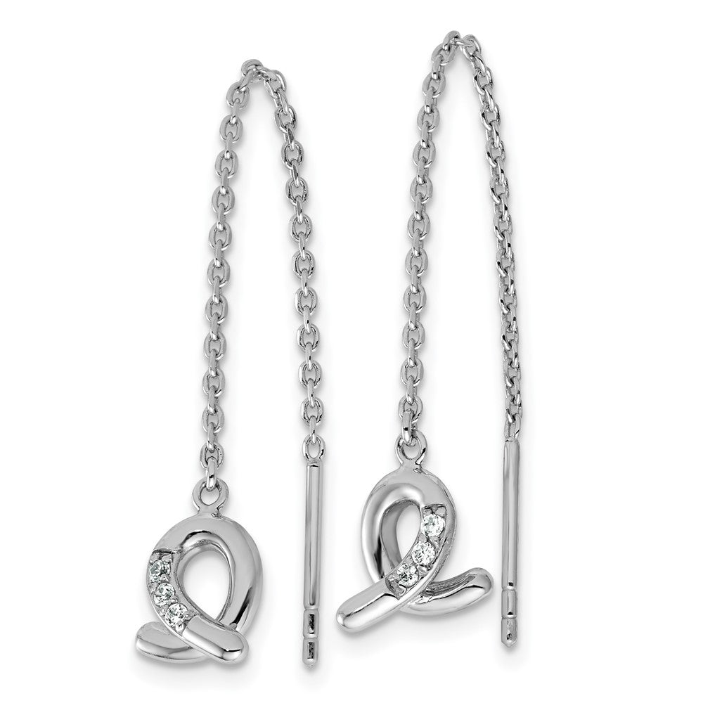 QE18241 Sterling Silver Rhodium-plated CZ Awareness Ribbon Dangle Threader Earrings
