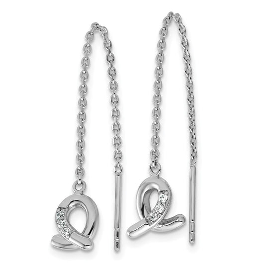 QE18241 Sterling Silver Rhodium-plated CZ Awareness Ribbon Dangle Threader Earrings