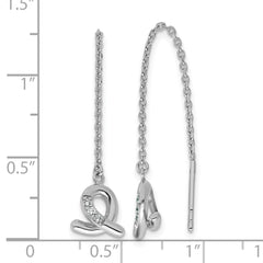 QE18241 Sterling Silver Rhodium-plated CZ Awareness Ribbon Dangle Threader Earrings