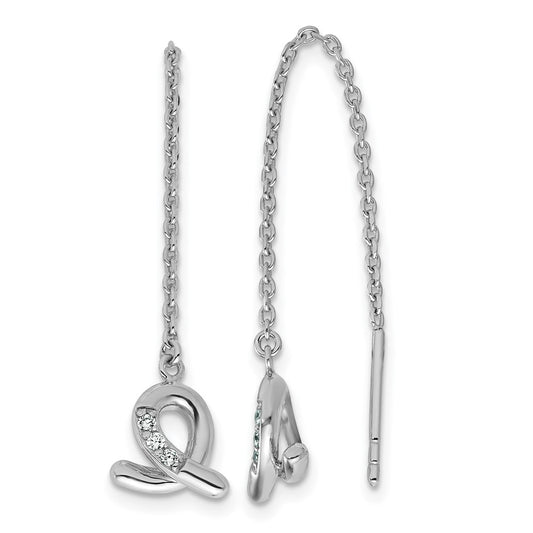 QE18241 Sterling Silver Rhodium-plated CZ Awareness Ribbon Dangle Threader Earrings