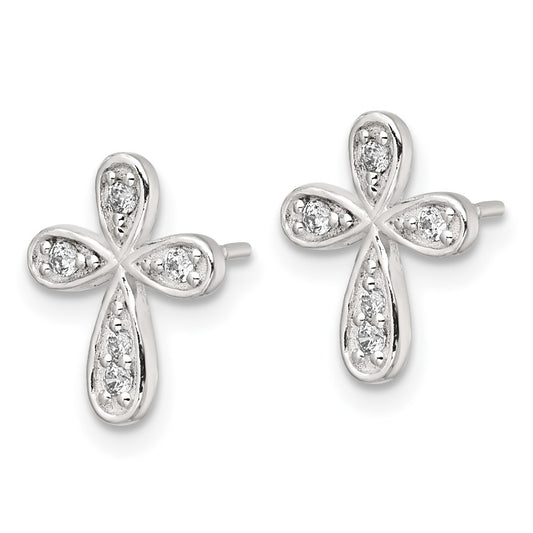 QE18243 Sterling Silver Polished CZ Cross Post Earrings