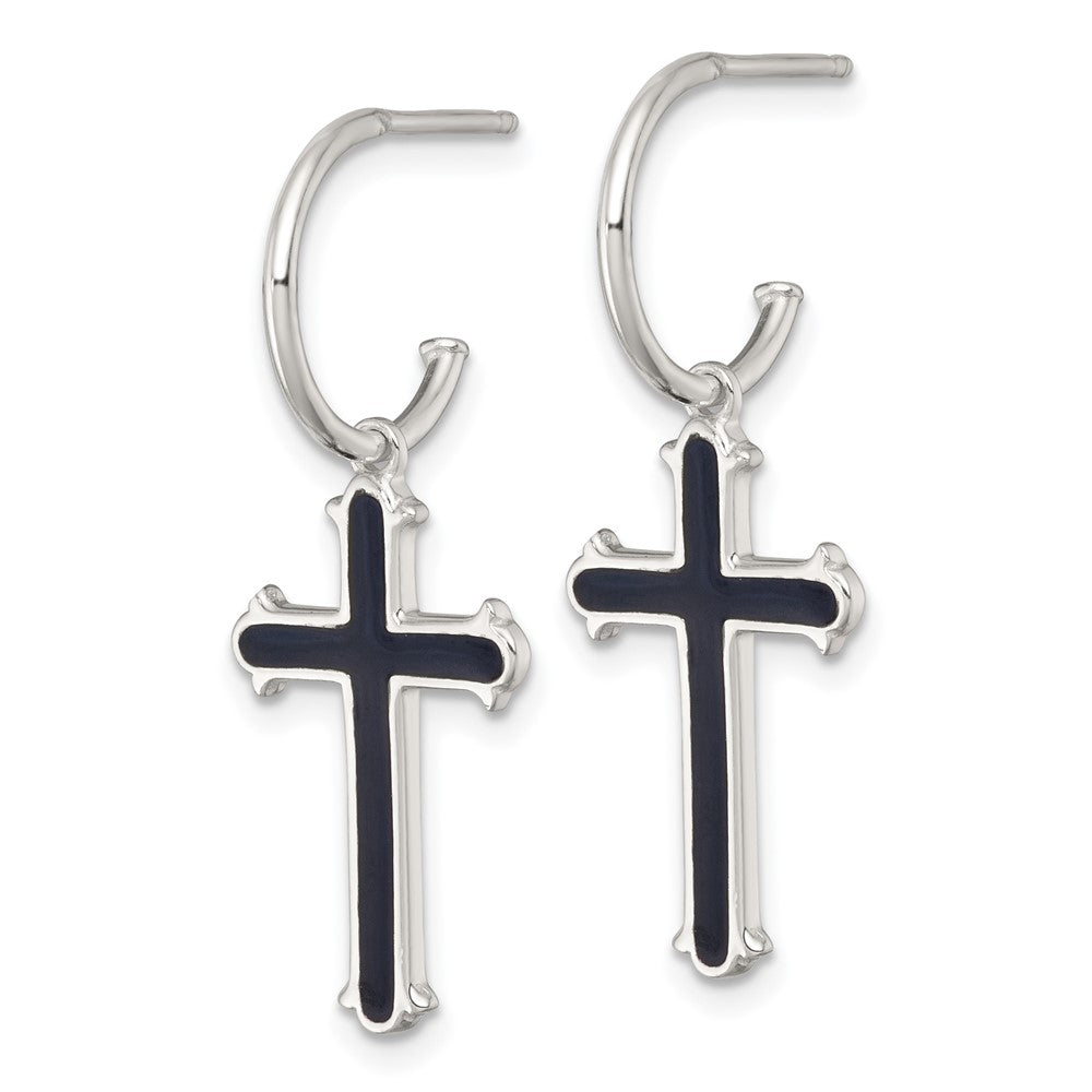 QE18244 Sterling Silver Polished Black Enamel Cross Dangle C-Hoop Post Earrings