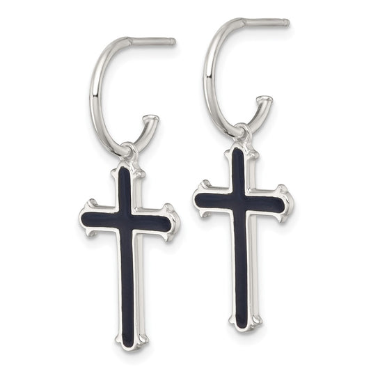 QE18244 Sterling Silver Polished Black Enamel Cross Dangle C-Hoop Post Earrings