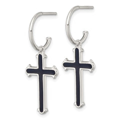 QE18244 Sterling Silver Polished Black Enamel Cross Dangle C-Hoop Post Earrings