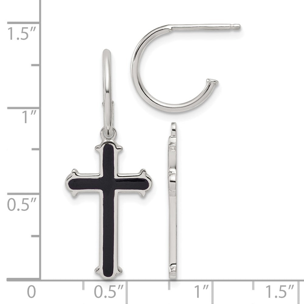 QE18244 Sterling Silver Polished Black Enamel Cross Dangle C-Hoop Post Earrings