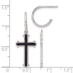 QE18244 Sterling Silver Polished Black Enamel Cross Dangle C-Hoop Post Earrings