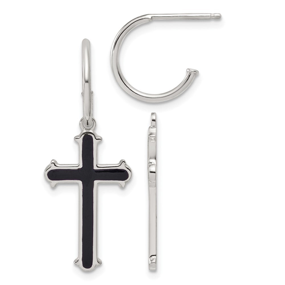 QE18244 Sterling Silver Polished Black Enamel Cross Dangle C-Hoop Post Earrings