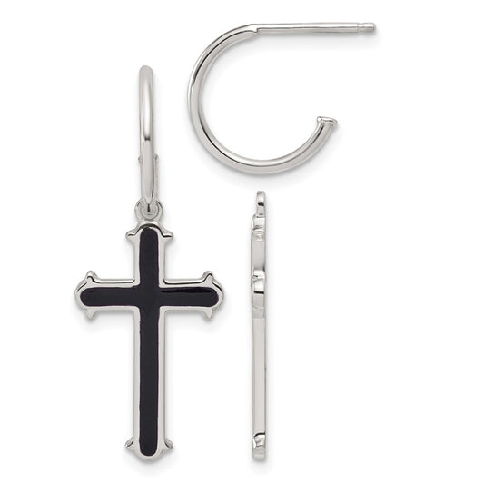 QE18244 Sterling Silver Polished Black Enamel Cross Dangle C-Hoop Post Earrings