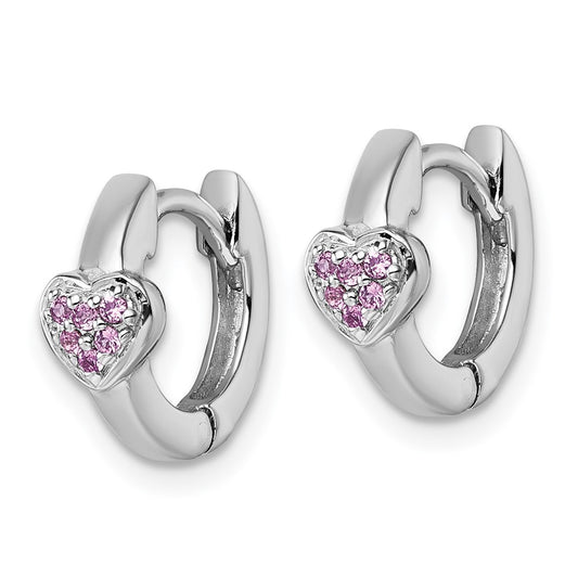 QE18246 Sterling Silver Rhodium-plated Polished Pink CZ Heart 2mm x 11mm Hinged Hoop Earrings