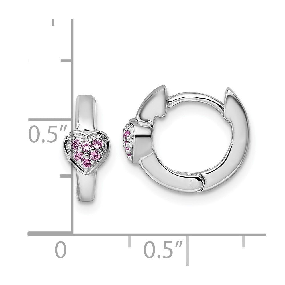 QE18246 Sterling Silver Rhodium-plated Polished Pink CZ Heart 2mm x 11mm Hinged Hoop Earrings